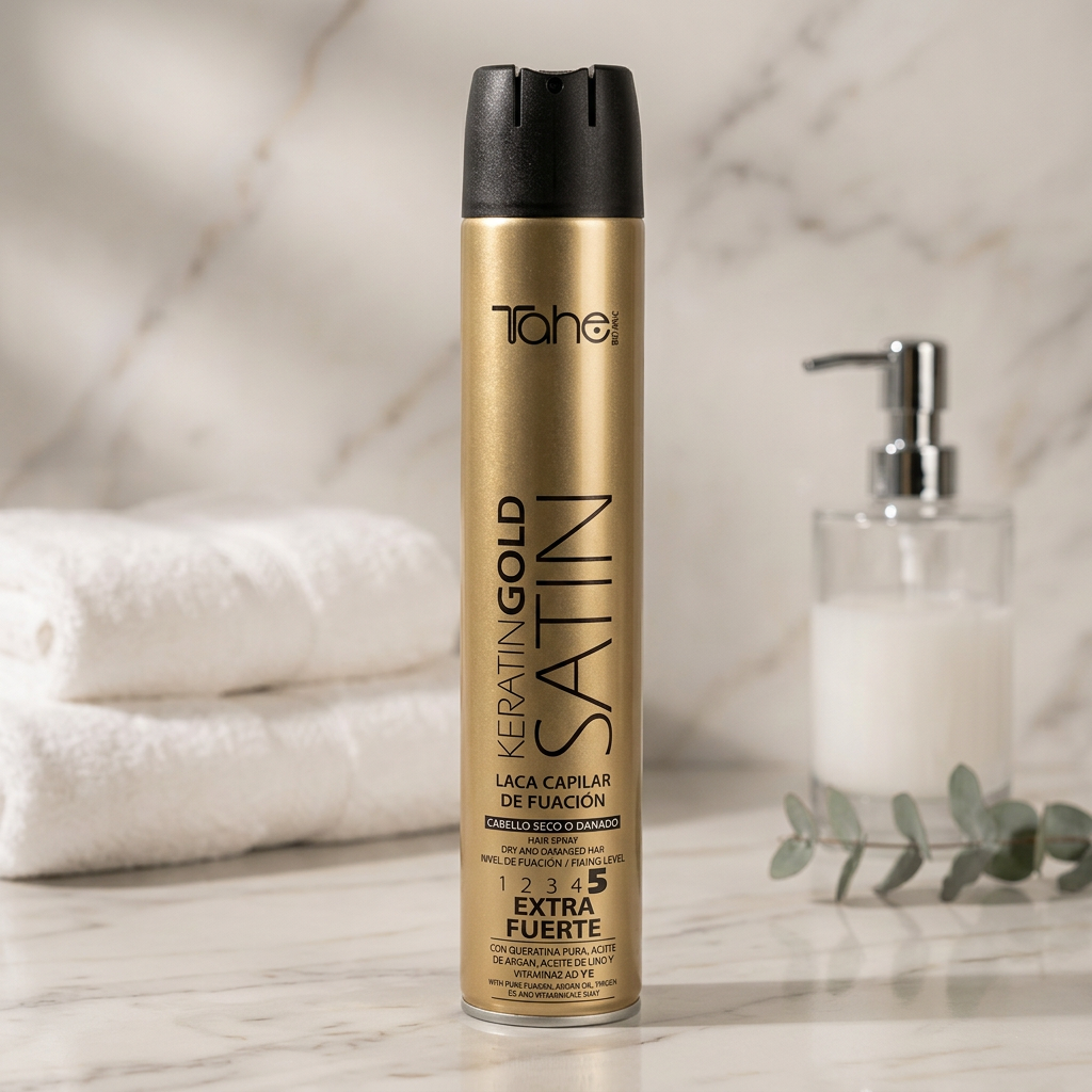 Tahe KERATIN GOLD SATIN 5 Lakier mocno utrwalający do włosów suchych i zniszczonych 400ml - obrazek 2