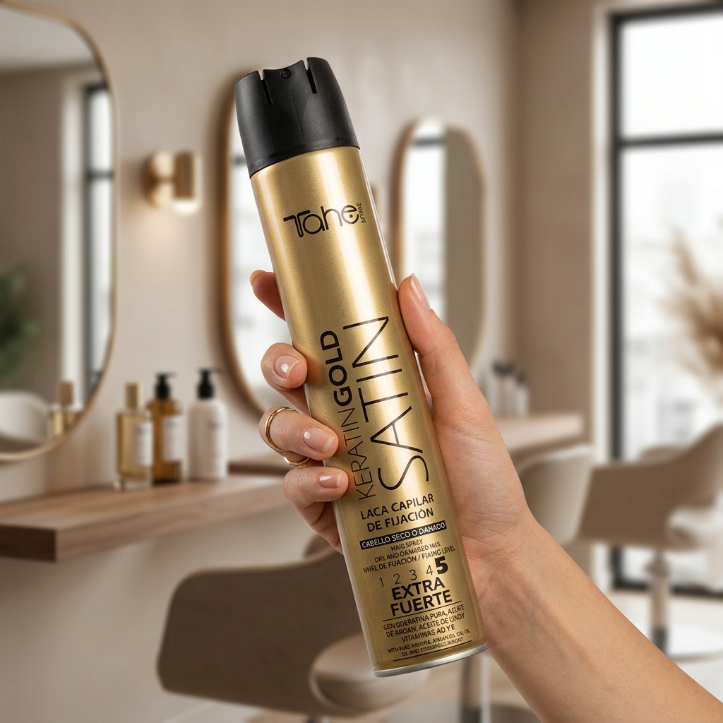 Tahe KERATIN GOLD SATIN 5 Lakier mocno utrwalający do włosów suchych i zniszczonych 400ml - obrazek 4